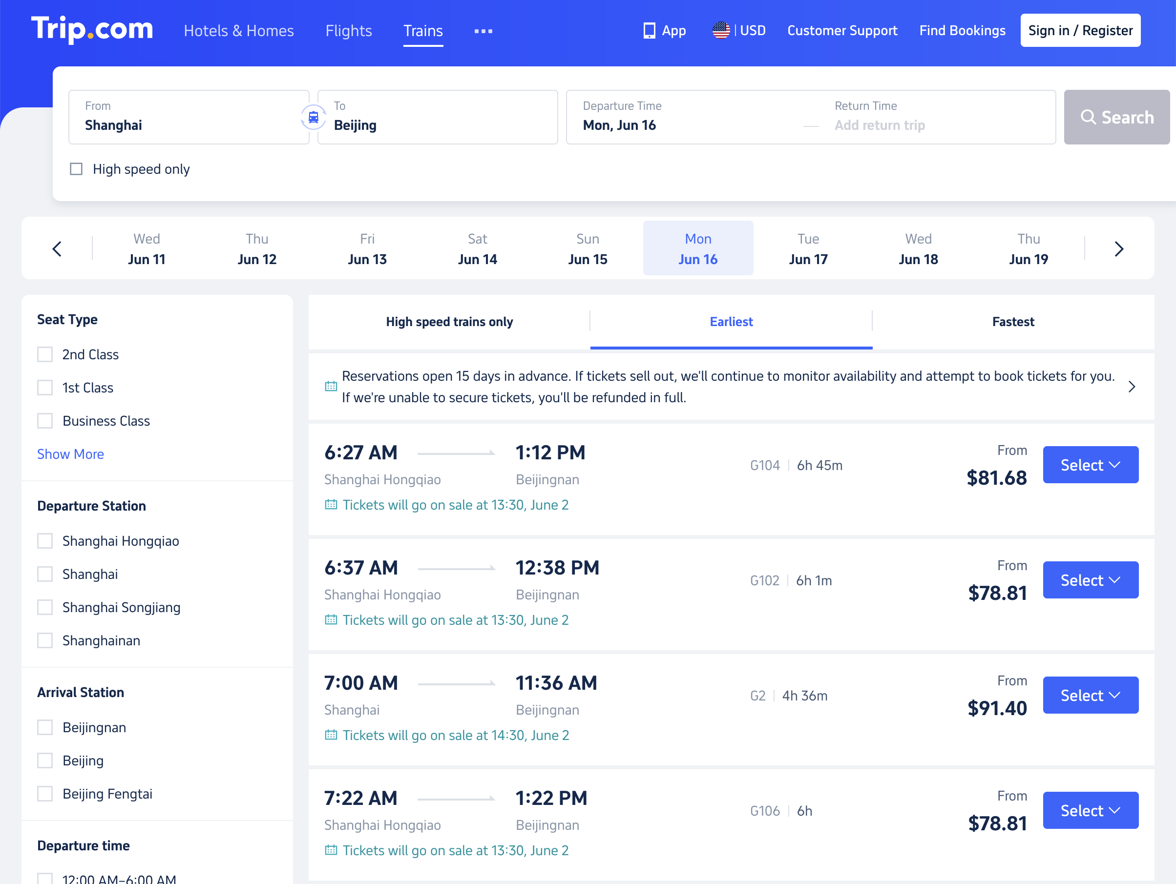 Trip.com train tickets